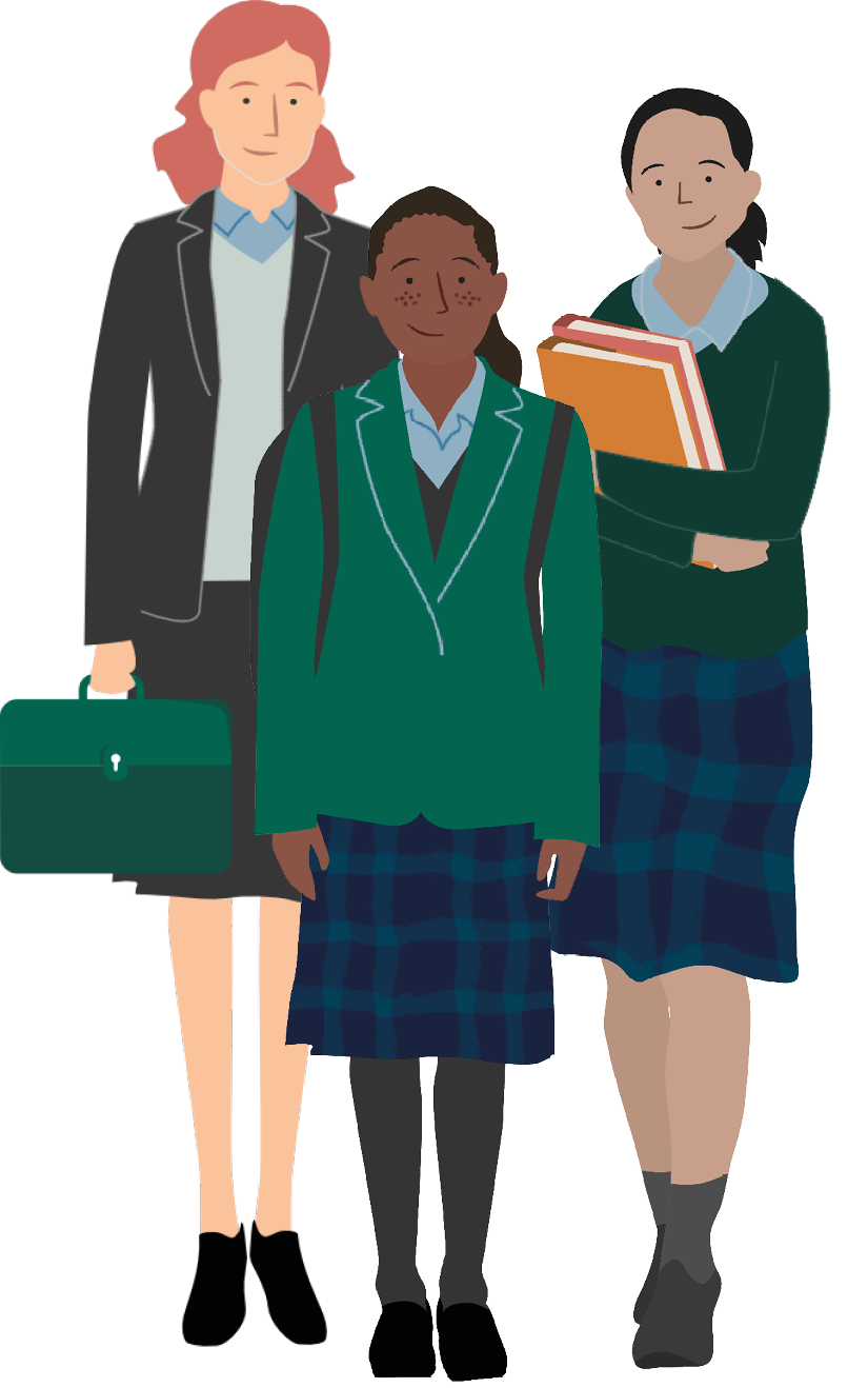 Three girls in Downe House uniform stood smiling