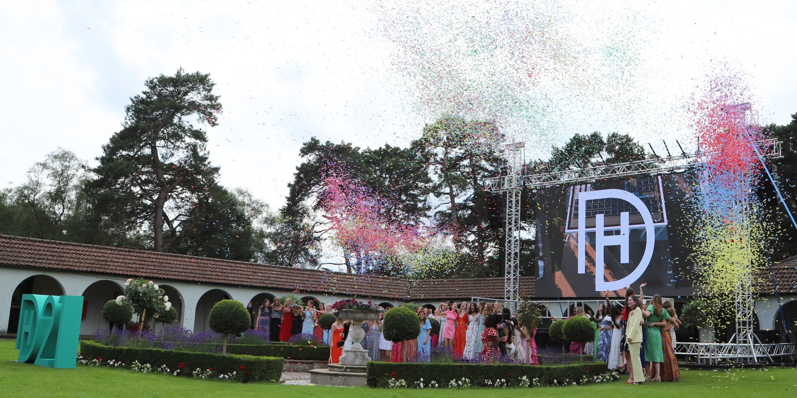 Confetti celebrations over Downe House cloisters